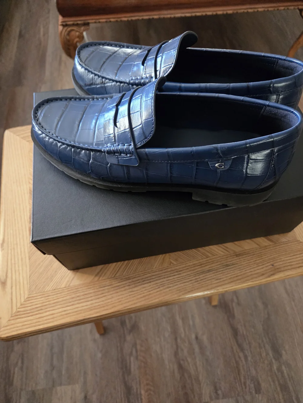 Deep Blue Croc-Embossed Coach Penny Loafers - Men